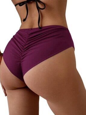 EoMENIE Women’s Cheeky Bikini Bottom Size M Burgundy Ruched Swimwear